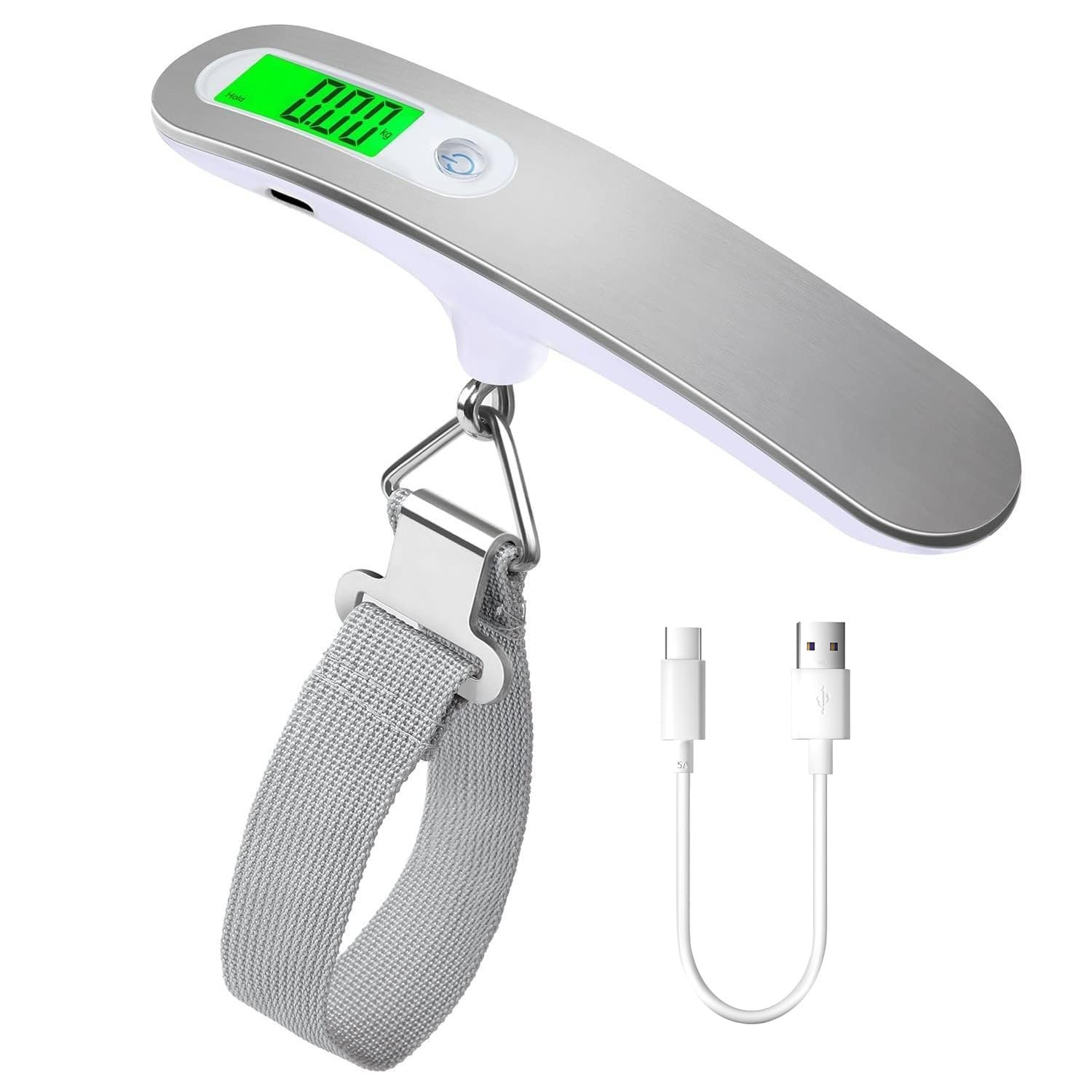 Rechargeable Digital Travel Scale with Strap for Luggage Suitcase Baggage Weighing, Weight Max up to 110 Lbs/50kg & LCD Display Screen Design,USB Type-C Port (Silver) - Product Image