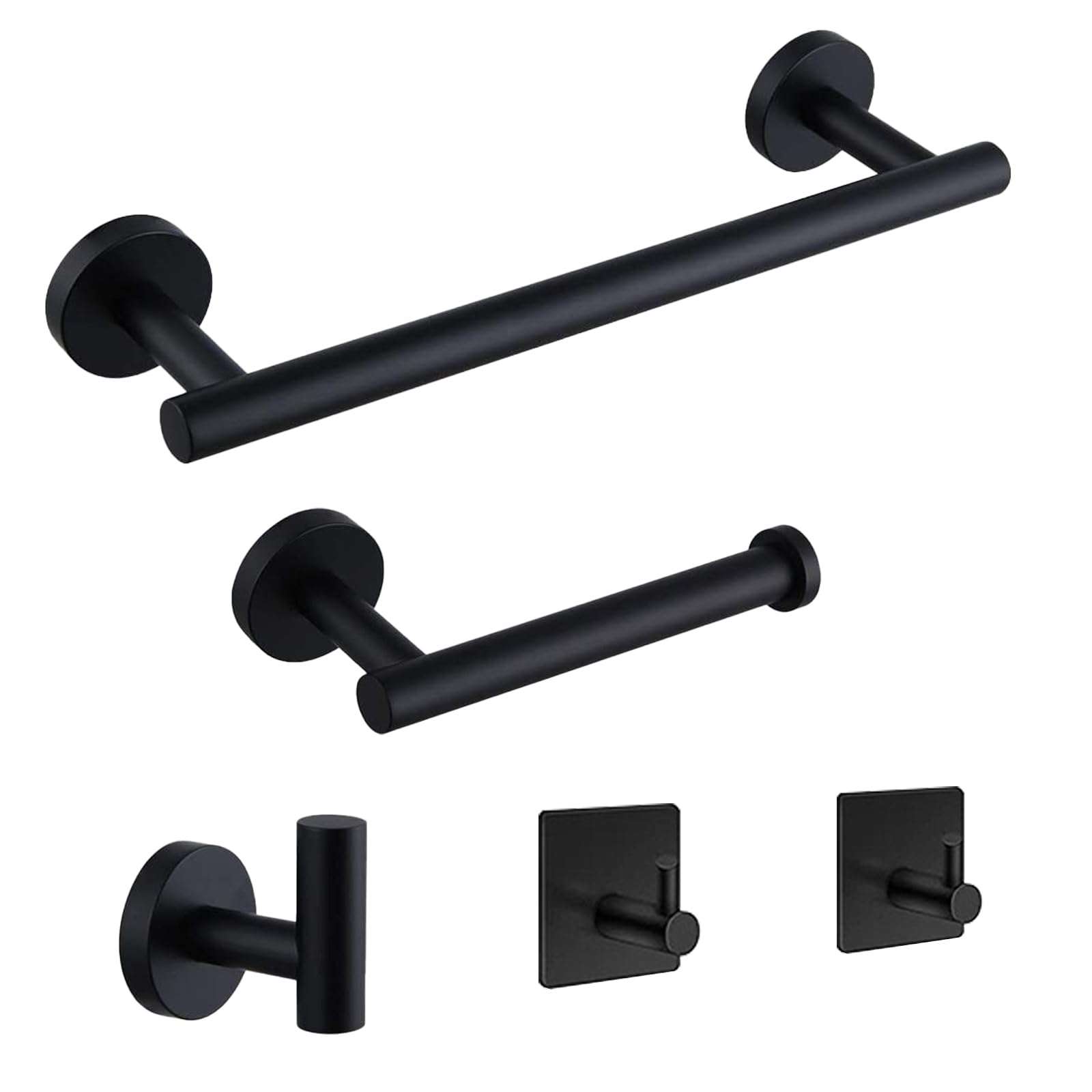 QXSTME 5-Pieces Bathroom Hardware Set, SUS304 Stainless Steel Towel Rack Set, 16" Hand Towel Rack, Toilet Paper Rack, 3 Bathrobe Towel Hooks, Bathroom Accessories, Towel Rack Set(Matte Black) - Image 1