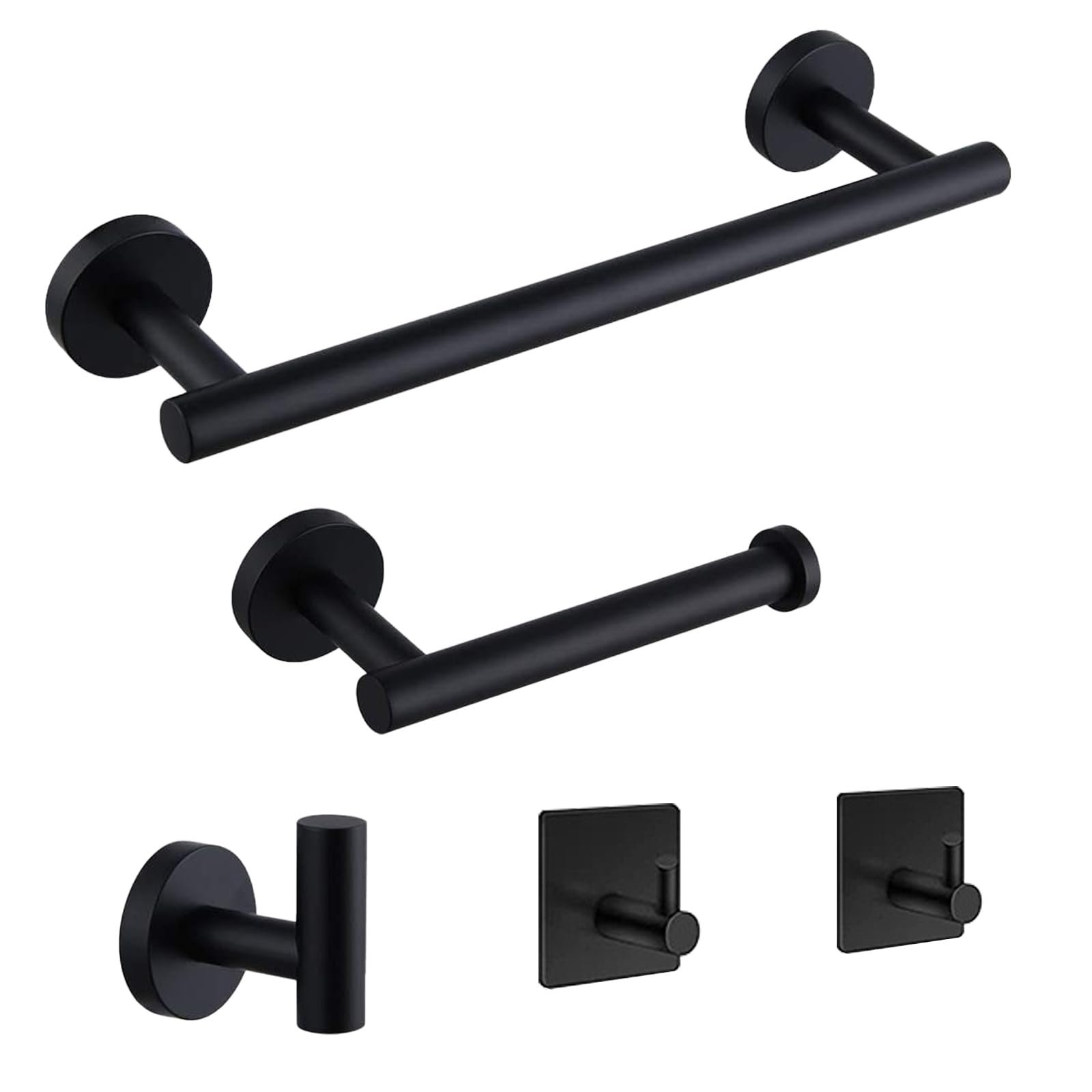 QXSTME 5-Pieces Bathroom Hardware Set, SUS304 Stainless Steel Towel Rack Set, 16" Hand Towel Rack, Toilet Paper Rack, 3 Bathrobe Towel Hooks, Bathroom Accessories, Towel Rack Set(Matte Black) - Product Image