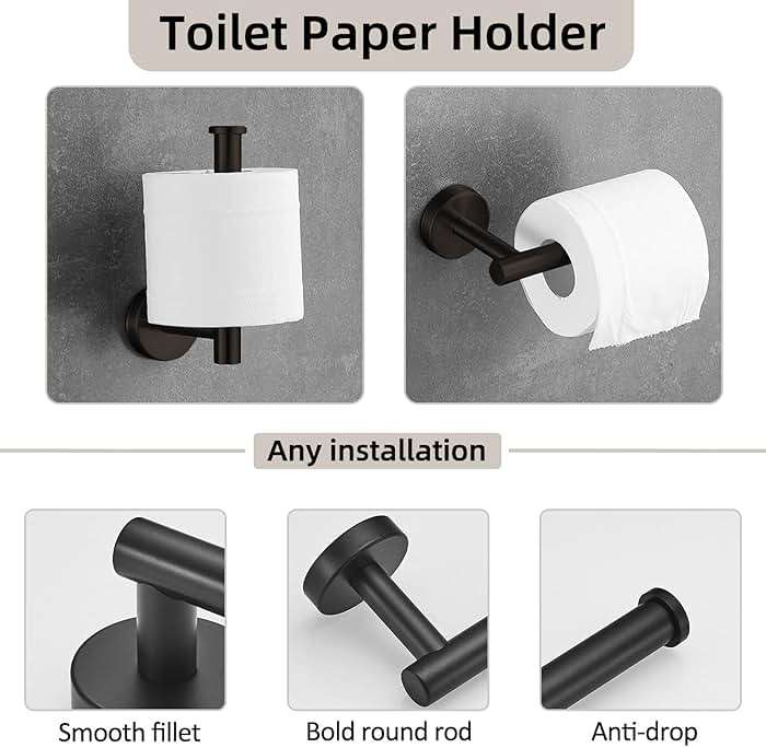 QXSTME 5-Pieces Bathroom Hardware Set, SUS304 Stainless Steel Towel Rack Set, 16" Hand Towel Rack, Toilet Paper Rack, 3 Bathrobe Towel Hooks, Bathroom Accessories, Towel Rack Set(Matte Black) - Image 6