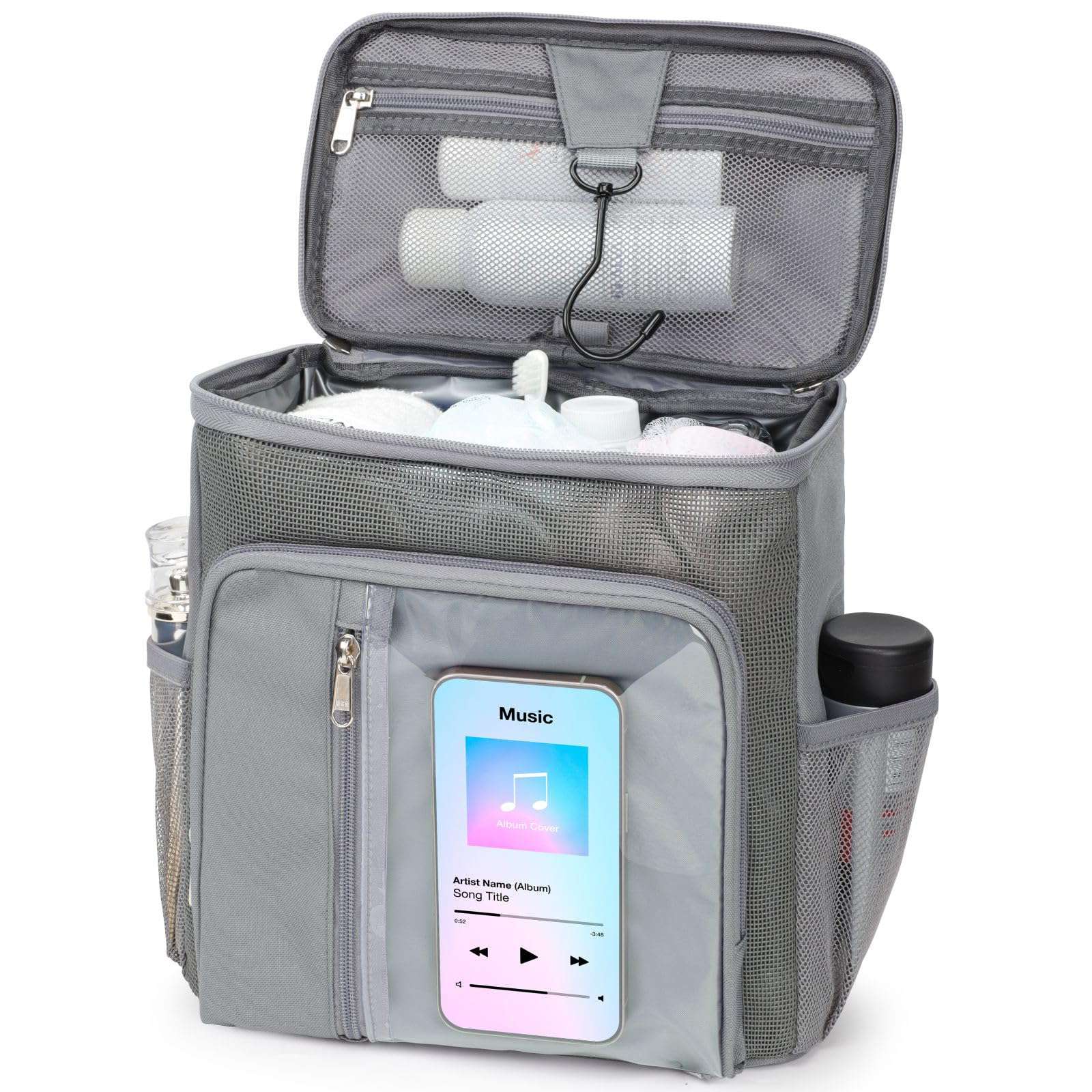 F-color Shower Caddy Portable for College Dorm Essentials - Large Hanging Sturdy Handle Toiletry Tote Bag with Hook, Multiple Pockets, Quick Dry Organizer for Camping, Travel, Gym, Grey - Image 1
