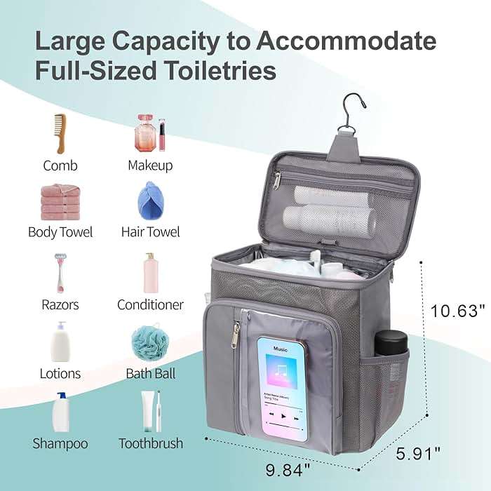F-color Shower Caddy Portable for College Dorm Essentials - Large Hanging Sturdy Handle Toiletry Tote Bag with Hook, Multiple Pockets, Quick Dry Organizer for Camping, Travel, Gym, Grey - Image 3