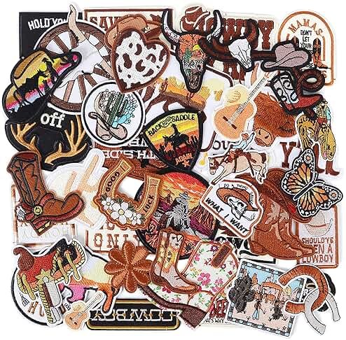 Western Embroidered Iron On Patches for Hats: Meneng 45Pcs Cowboy Sew On Applique Patches for Jackets Backpacks Clothing - Vintage Embroidery Patch for DIY Accessories - Product Image