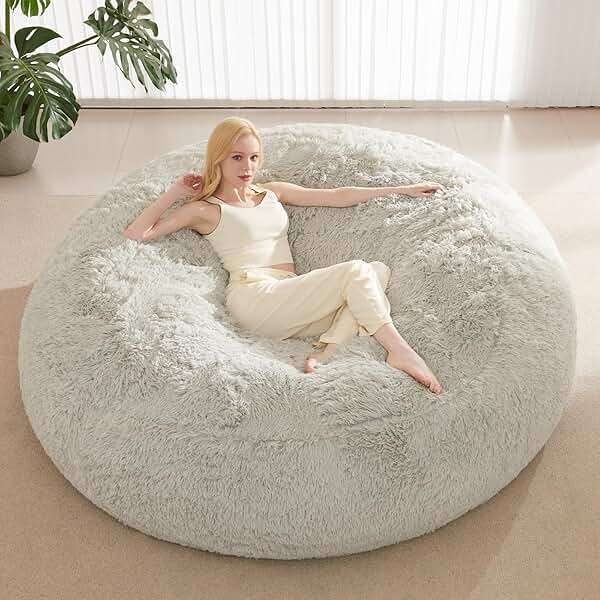 Bean Bag Chair Cover, Waterproof Faux Fur Bean Bag Cover Only(No Filler), 5FT Round Beanbag Cover with Pocket, Big Giant Bean Bags Covers for Adults Kids Teens, Stuffed Animal Storage - Image 1