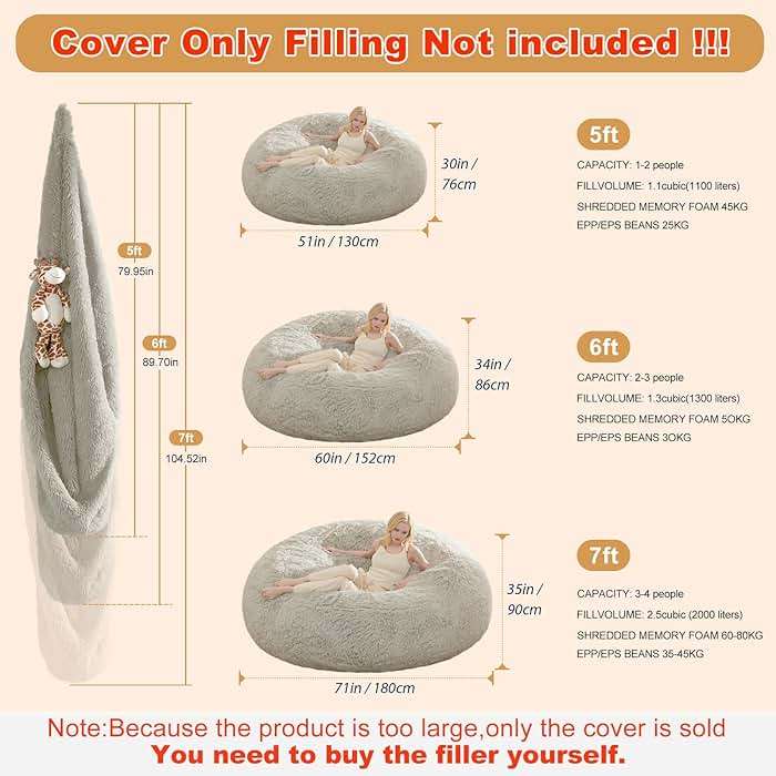 Bean Bag Chair Cover, Waterproof Faux Fur Bean Bag Cover Only(No Filler), 5FT Round Beanbag Cover with Pocket, Big Giant Bean Bags Covers for Adults Kids Teens, Stuffed Animal Storage - Image 2