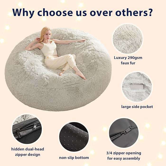 Bean Bag Chair Cover, Waterproof Faux Fur Bean Bag Cover Only(No Filler), 5FT Round Beanbag Cover with Pocket, Big Giant Bean Bags Covers for Adults Kids Teens, Stuffed Animal Storage - Image 4