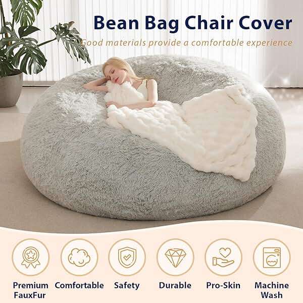 Bean Bag Chair Cover, Waterproof Faux Fur Bean Bag Cover Only(No Filler), 5FT Round Beanbag Cover with Pocket, Big Giant Bean Bags Covers for Adults Kids Teens, Stuffed Animal Storage - Image 5