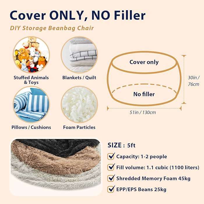 Bean Bag Chair Cover, Waterproof Faux Fur Bean Bag Cover Only(No Filler), 5FT Round Beanbag Cover with Pocket, Big Giant Bean Bags Covers for Adults Kids Teens, Stuffed Animal Storage - Image 6