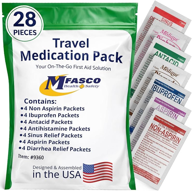 MFASCO - 7 in 1 - Travel Size Medicine Kit - TSA Approved | 28 First Aid Emergency OTC Medicine Packets for Cruise & International Travel | Compact Med Refill for Traveling & Office Assembled in USA - Product Image