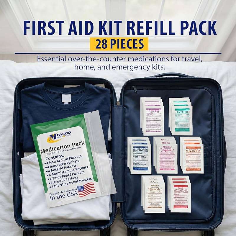 MFASCO - 7 in 1 - Travel Size Medicine Kit - TSA Approved | 28 First Aid Emergency OTC Medicine Packets for Cruise & International Travel | Compact Med Refill for Traveling & Office Assembled in USA - Image 4