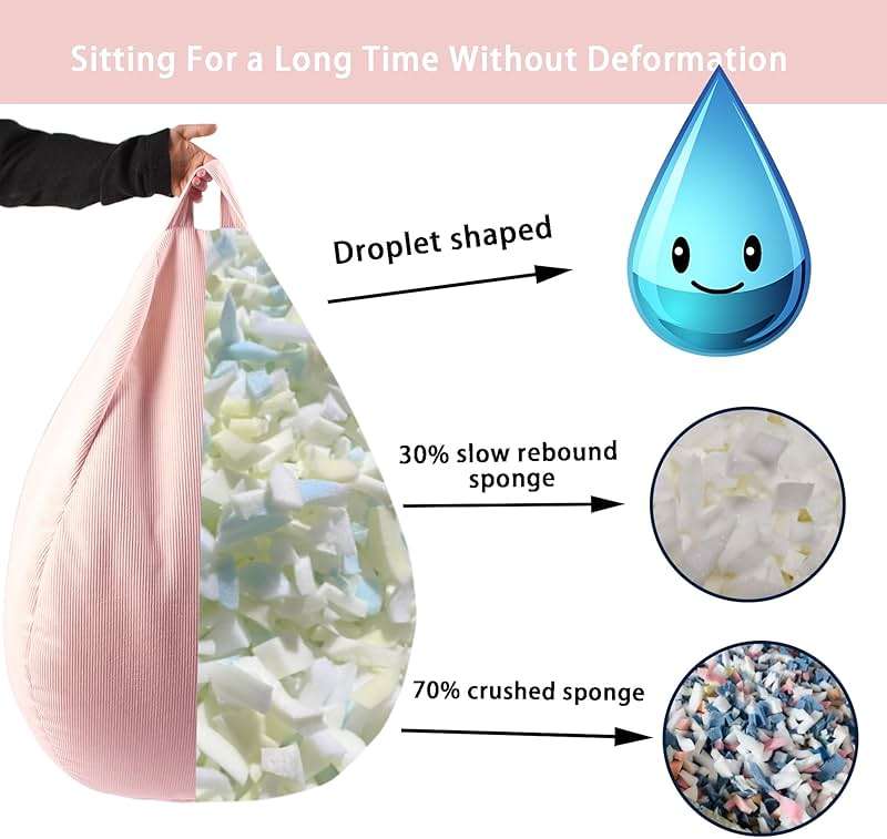 LPMOERA Bean Bag Chair Memory Foam Bean Bag Chairs for Kids/Teens with Filling Round Kids Bean Bag Chair for Living Room Bedroom College Dorm Reading Chair Pink - Image 4