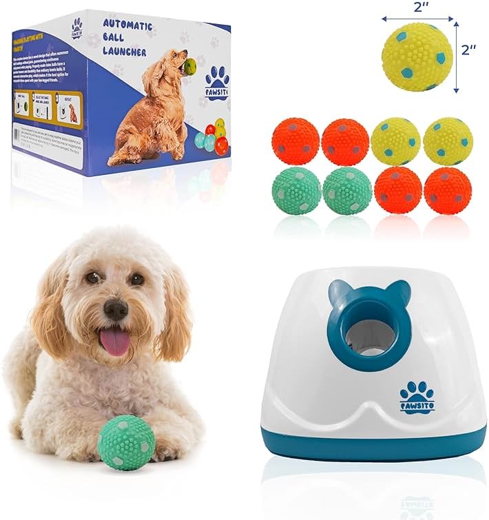 Pawsito Automatic Dog Ball Launcher for Medium and Small Size Dogs, Interactive Fetch Machine for Indoor and Outdoor Play with 10 PCS Latex Balls, Dual Power Mode Ball Thrower, Dog Toy - Product Image