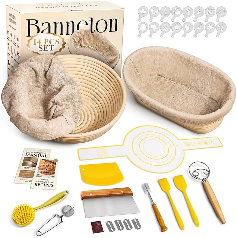 Sourdough Starter Kit, Banneton Bread Proofing Baskets Set, Sourdough Bread Baking Supplies Making Tools with Dough Scraper, Whisk, Bread Lame, Recipe - Product Image