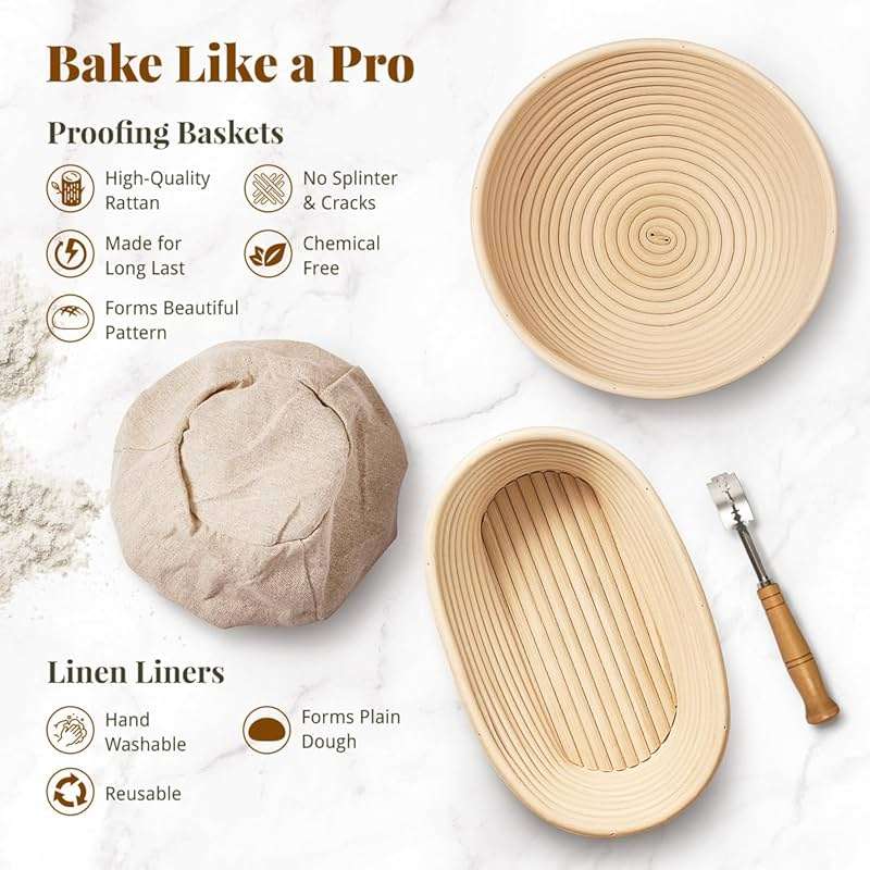 Sourdough Starter Kit, Banneton Bread Proofing Baskets Set, Sourdough Bread Baking Supplies Making Tools with Dough Scraper, Whisk, Bread Lame, Recipe - Image 2