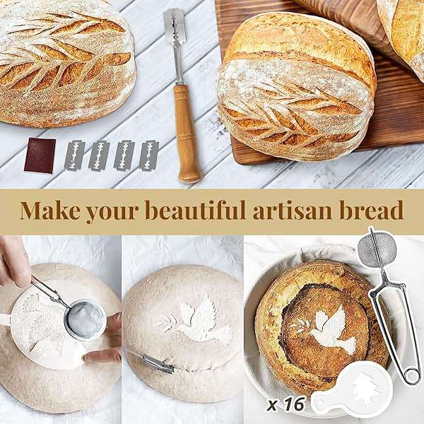 Sourdough Starter Kit, Banneton Bread Proofing Baskets Set, Sourdough Bread Baking Supplies Making Tools with Dough Scraper, Whisk, Bread Lame, Recipe - Image 4