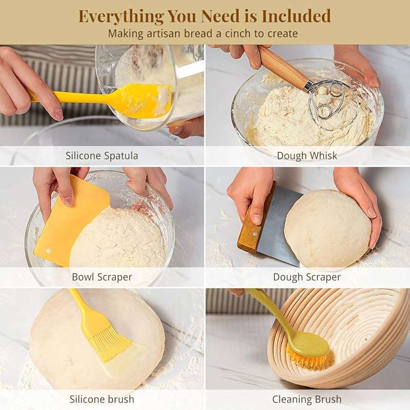 Sourdough Starter Kit, Banneton Bread Proofing Baskets Set, Sourdough Bread Baking Supplies Making Tools with Dough Scraper, Whisk, Bread Lame, Recipe - Image 5