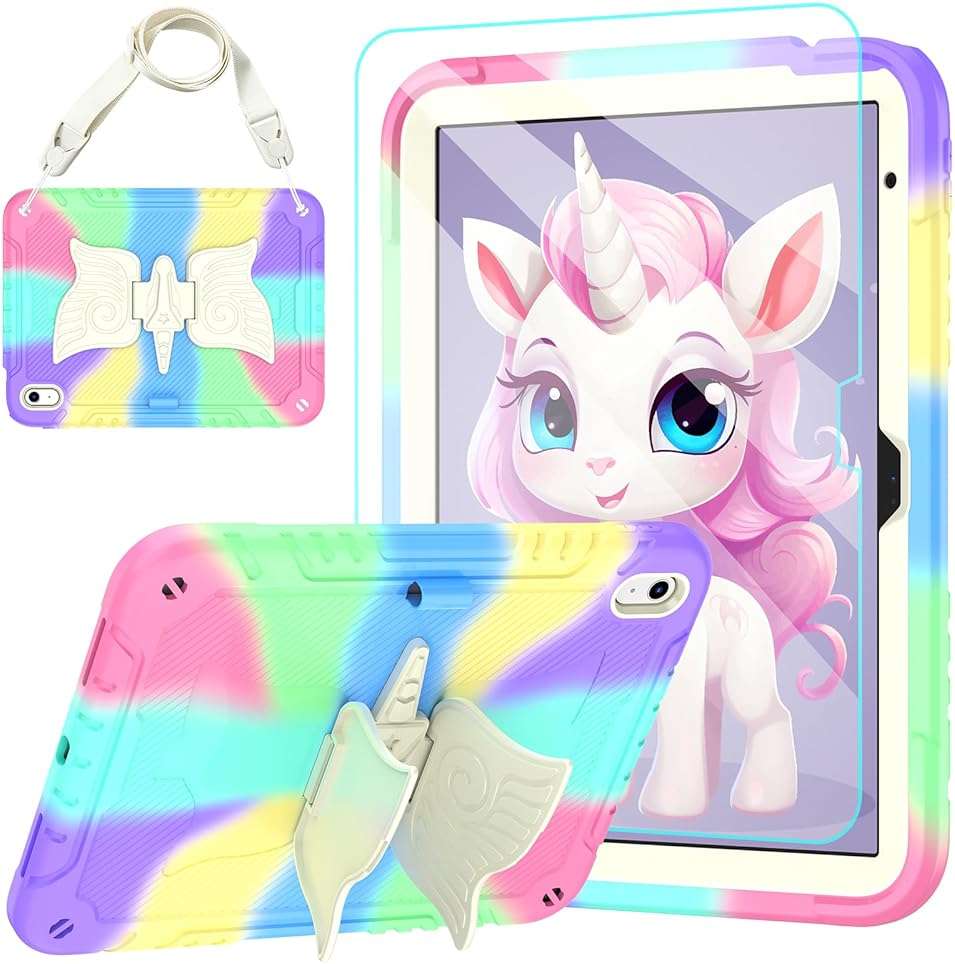 TOMORRY for iPad (A16) 11th Generation 11 Inch 2025/iPad 10th Generation Case 10.9 Inch 2022 with Tempered Glass Screen Protector,Unicorn Stand,Shoulder Strap,for iPad 10 Case Kids Girls (Colorful) - Image 1