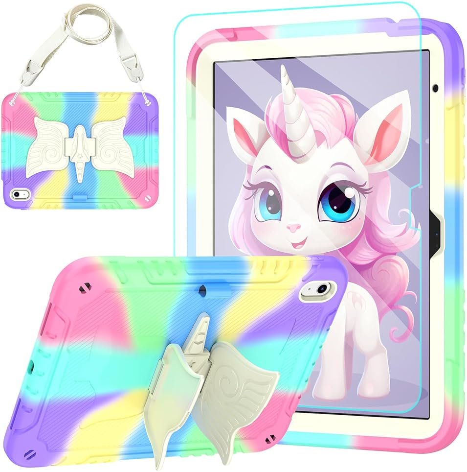 TOMORRY for iPad (A16) 11th Generation 11 Inch 2025/iPad 10th Generation Case 10.9 Inch 2022 with Tempered Glass Screen Protector,Unicorn Stand,Shoulder Strap,for iPad 10 Case Kids Girls (Colorful) - Product Image