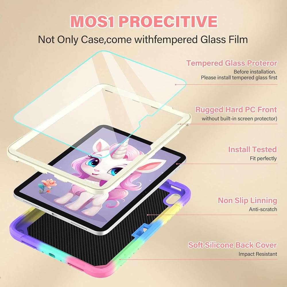 TOMORRY for iPad (A16) 11th Generation 11 Inch 2025/iPad 10th Generation Case 10.9 Inch 2022 with Tempered Glass Screen Protector,Unicorn Stand,Shoulder Strap,for iPad 10 Case Kids Girls (Colorful) - Image 3