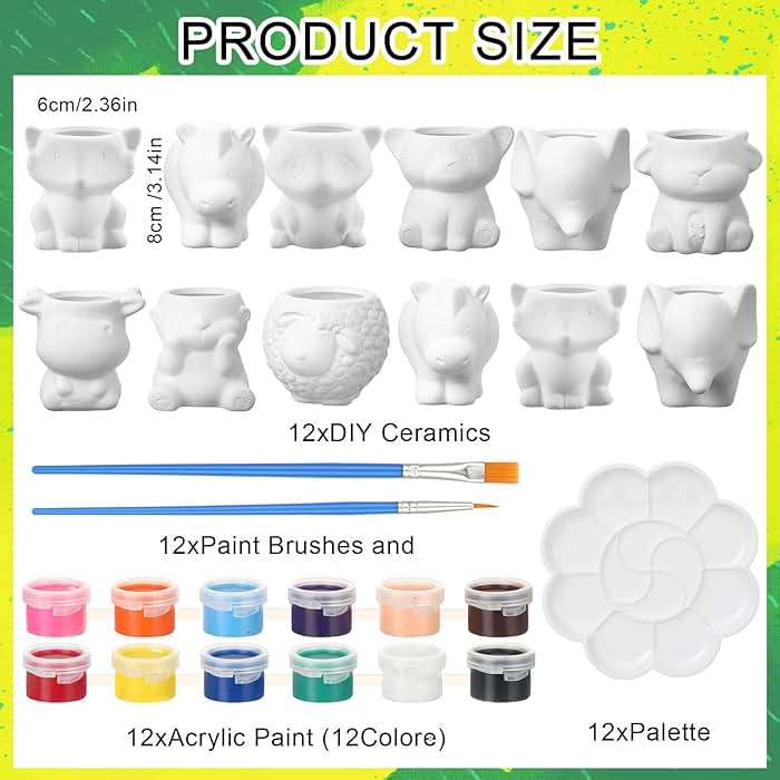 Hushee 12 Sets DIY Ceramic Succulent Pots Ready to Paint Animal Planters Unpainted Plant Flower Pots Bulk with Drainage Hole and Bisque Paint for Kids Adults Craft Christmas - Image 3