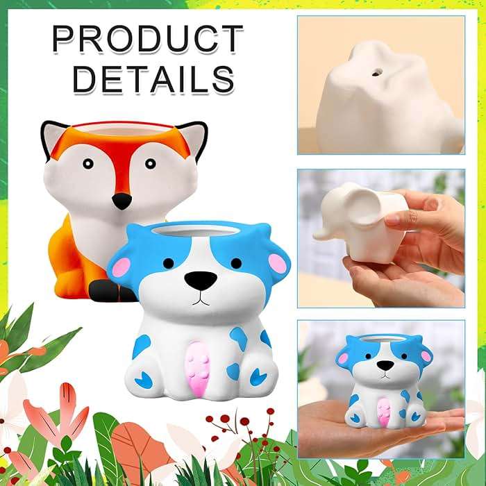 Hushee 12 Sets DIY Ceramic Succulent Pots Ready to Paint Animal Planters Unpainted Plant Flower Pots Bulk with Drainage Hole and Bisque Paint for Kids Adults Craft Christmas - Image 4