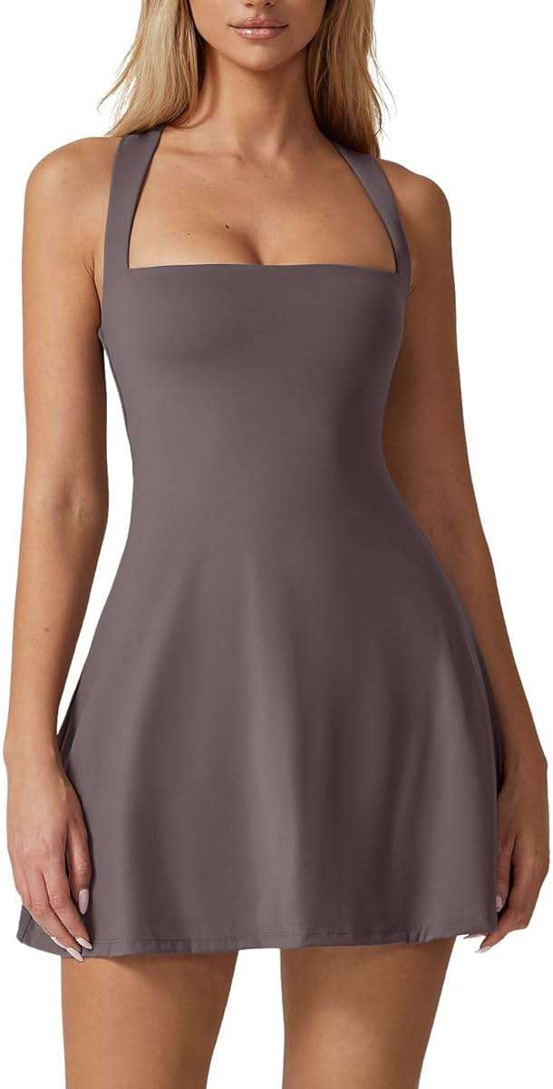 QINSEN Womens Square Neck Tennis Dress Sleeveless Built in Shorts Golf Athletic Dress with Pockets - Image 1