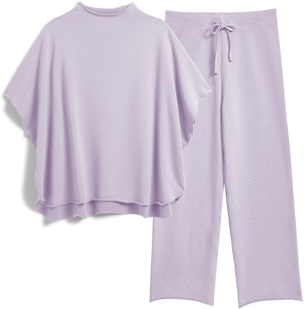 SeeLuNa Women's Two Piece Outfits 3/4 Batwing Sleeve Capelet Crew Neck Pullover Top Wide Leg Pants Lounge Set - Product Image