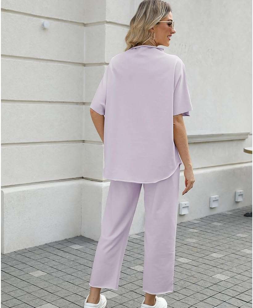 SeeLuNa Women's Two Piece Outfits 3/4 Batwing Sleeve Capelet Crew Neck Pullover Top Wide Leg Pants Lounge Set - Image 2