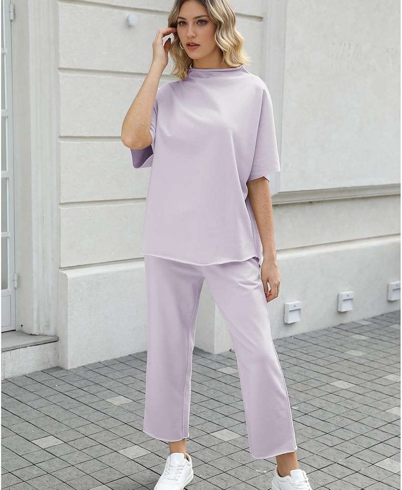 SeeLuNa Women's Two Piece Outfits 3/4 Batwing Sleeve Capelet Crew Neck Pullover Top Wide Leg Pants Lounge Set - Image 4