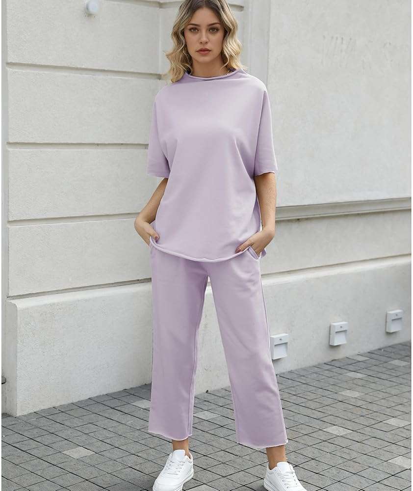 SeeLuNa Women's Two Piece Outfits 3/4 Batwing Sleeve Capelet Crew Neck Pullover Top Wide Leg Pants Lounge Set - Image 5