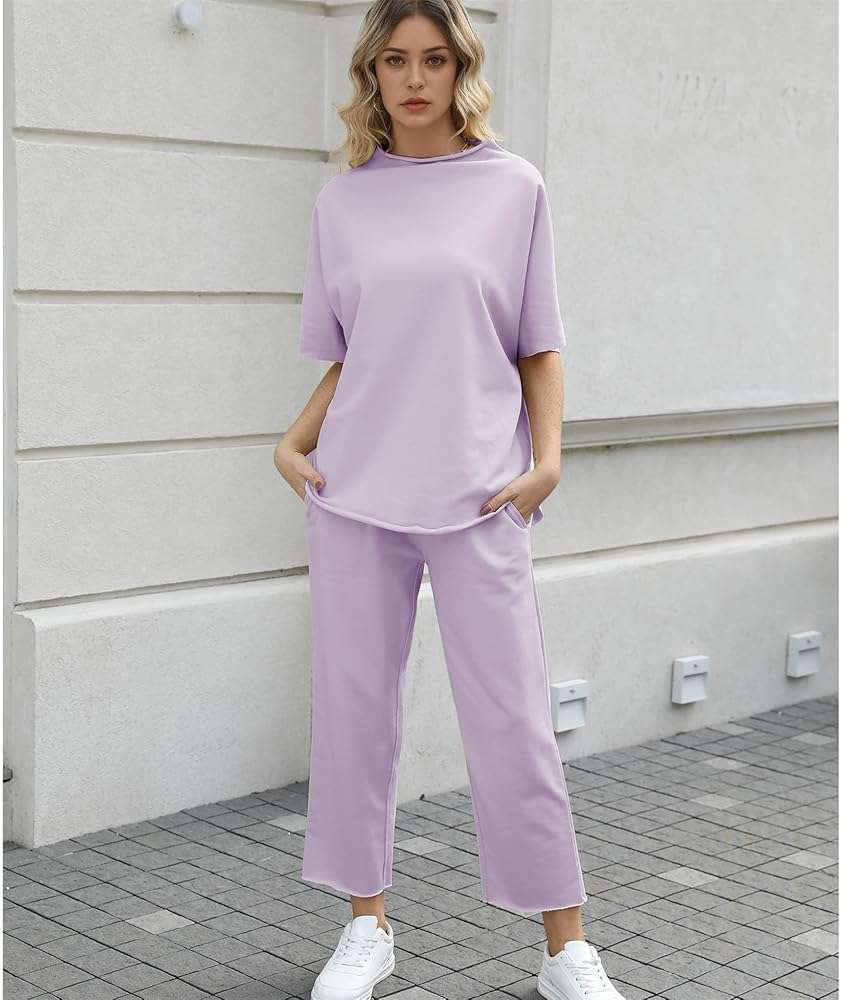 SeeLuNa Women's Two Piece Outfits 3/4 Batwing Sleeve Capelet Crew Neck Pullover Top Wide Leg Pants Lounge Set - Image 6