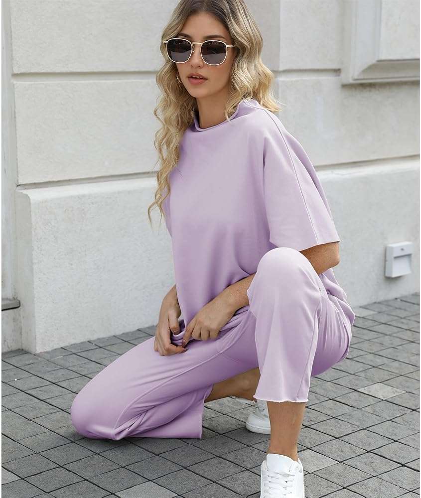 SeeLuNa Women's Two Piece Outfits 3/4 Batwing Sleeve Capelet Crew Neck Pullover Top Wide Leg Pants Lounge Set - Image 7