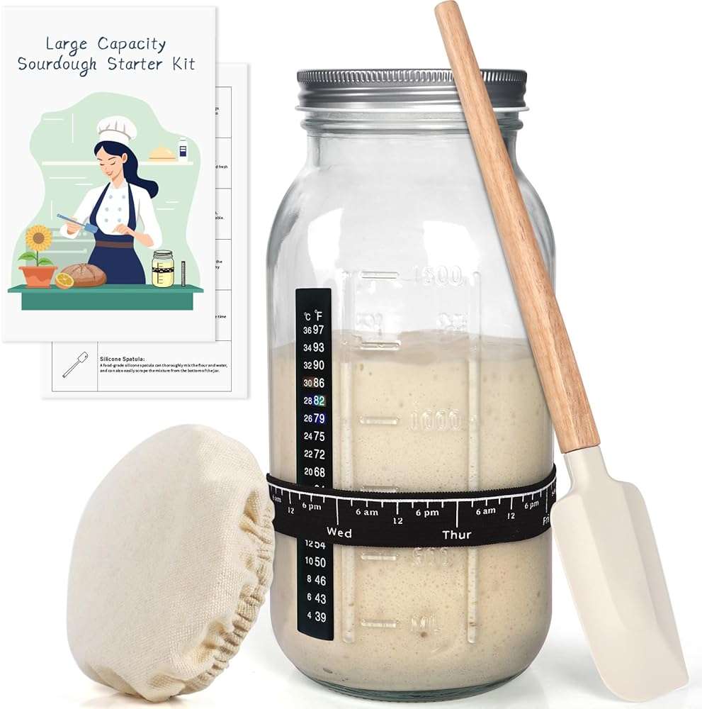 TISEMENT 64oz Sourdough Starter Kit,Pro Extra Large Capacity Sourdough Starter Jar Glass with Silicone Spatula,Thermometer,Feeding Band,Great Sourdough Bread Baking Supplies & Baking Gifts for Women. - Image 1