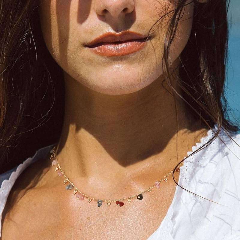 MTMY Beaded Necklaces for Women 14K Gold Plated Dainty Colorful Green/Rose Beaded Pearl Choker Necklace Delicate Boho Choker Necklace Jewelry Gift - Image 2