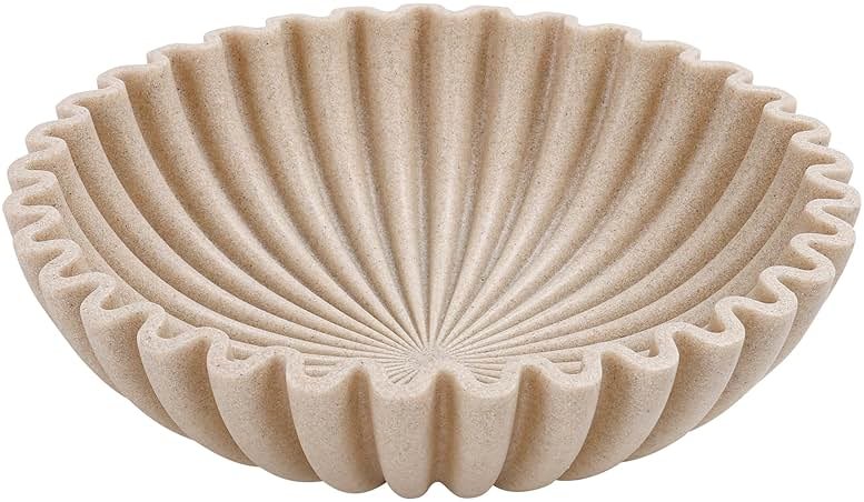 YMXYJM Large Decorative Bowl, Modern Handicraft Bowls for Home Decor, Fruit Bowl for Kitchen Counter, Ruffle Decor, Stylish Key Bowl for Entry Table, Artificial Stone Beige - Product Image