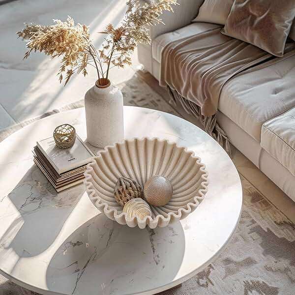 YMXYJM Large Decorative Bowl, Modern Handicraft Bowls for Home Decor, Fruit Bowl for Kitchen Counter, Ruffle Decor, Stylish Key Bowl for Entry Table, Artificial Stone Beige - Image 5