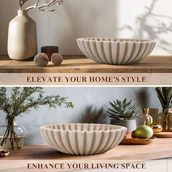 YMXYJM Large Decorative Bowl, Modern Handicraft Bowls for Home Decor, Fruit Bowl for Kitchen Counter, Ruffle Decor, Stylish Key Bowl for Entry Table, Artificial Stone Beige - Image 6