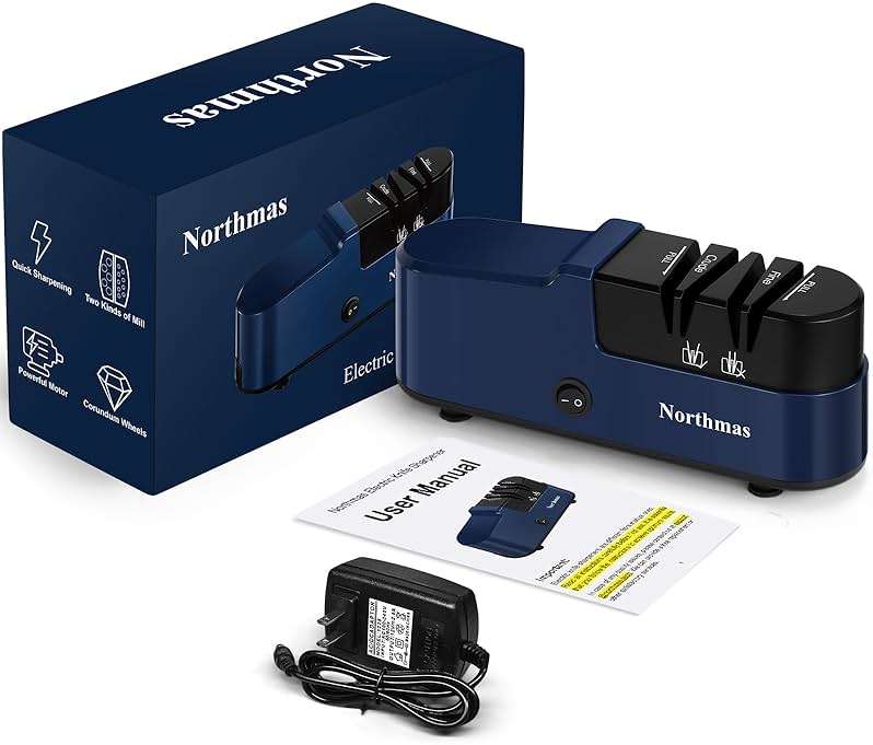 Northmas Knife Sharpener, Professional Electric Knife Sharpener for Home Use, 2 Stages for Quick Sharpening & Polishing, 100V-240V Global Voltage Design, Blue - Image 7