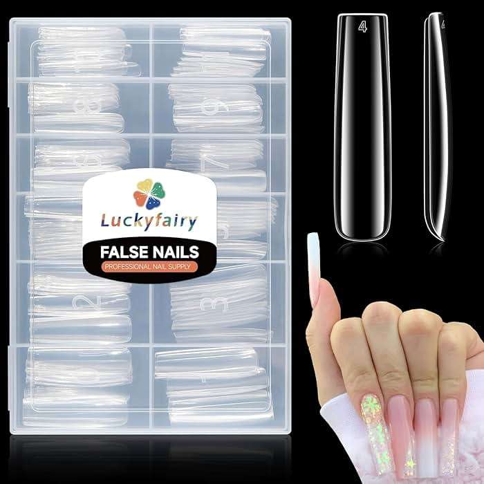 Luckyfairy Extra Long Square Nail Tips, XXL 120Pcs 12 Sizes No C Curve Clear Acrylic Nails Straight Tapered Square Press on False Nail Tips for Nail Extension Nail Art Salon Home DIY - Image 1