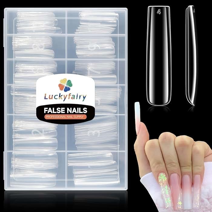 Luckyfairy Extra Long Square Nail Tips, XXL 120Pcs 12 Sizes No C Curve Clear Acrylic Nails Straight Tapered Square Press on False Nail Tips for Nail Extension Nail Art Salon Home DIY - Product Image