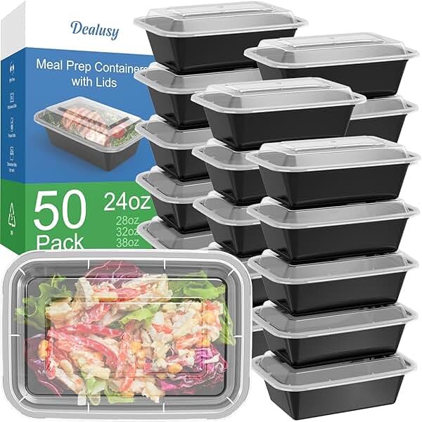 Dealusy 50 Pack (100-Piece) 24 oz Meal Prep Containers Reusable with Lids, Sturdy Leakproof & Food Safe, Microwave, Freezer, Dishwasher Safe Prep Containers, To Go Take Out Plastic Food Storage - Product Image