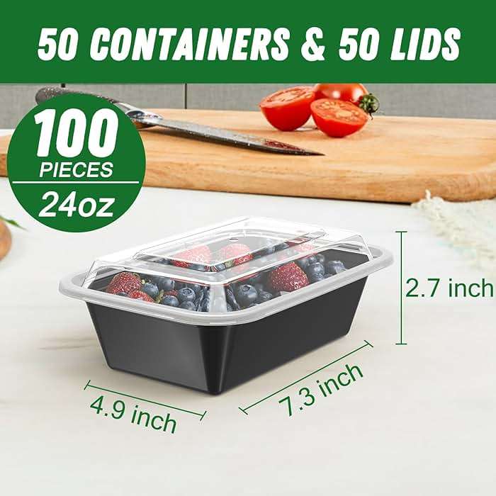 Dealusy 50 Pack (100-Piece) 24 oz Meal Prep Containers Reusable with Lids, Sturdy Leakproof & Food Safe, Microwave, Freezer, Dishwasher Safe Prep Containers, To Go Take Out Plastic Food Storage - Image 3