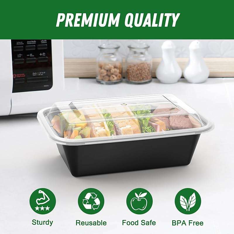 Dealusy 50 Pack (100-Piece) 24 oz Meal Prep Containers Reusable with Lids, Sturdy Leakproof & Food Safe, Microwave, Freezer, Dishwasher Safe Prep Containers, To Go Take Out Plastic Food Storage - Image 4