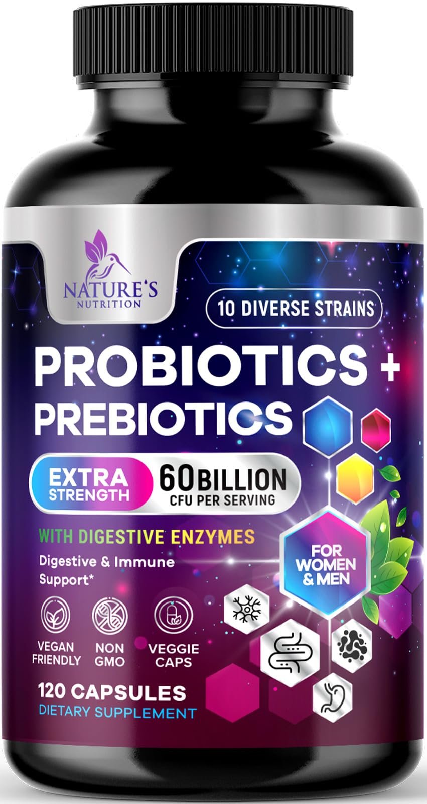 Probiotics 100 Billion CFU Per Serving - 10 Premium Strains + Prebiotics - Best Probiotic Supplement for Women & Men - Supports Immune, Digestive Health, Occasional Constipation & Gas - 120 Capsules - Product Image