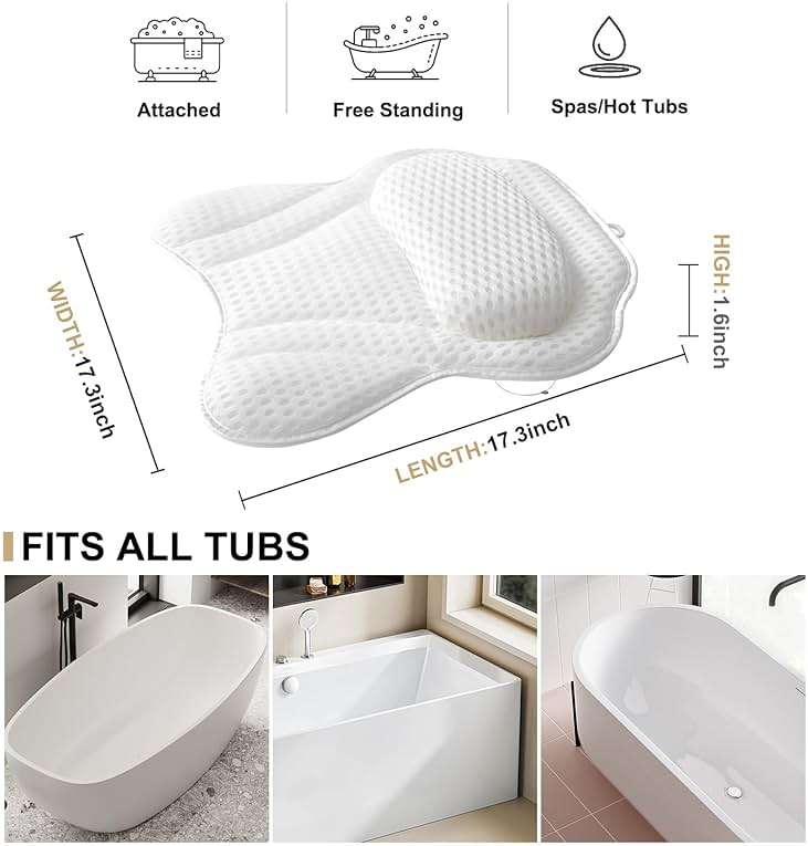 Bath Pillow Luxury Bathtub Pillow, 4D Bath Tub Pillows for Head, Neck and Back Support, Tub Pillow for Bathtub with 6 Non-Slip Suction Cups, Relaxing Bath Accessories Spa Gifts - Image 2