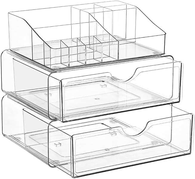 Vtopmart 3 Tier Clear Makeup Organizer with Drawer, Cosmetic Storage for Dresser Countertop and Bathroom Vanity, Beauty Holder for Lipstick Brush Skincare - Image 1