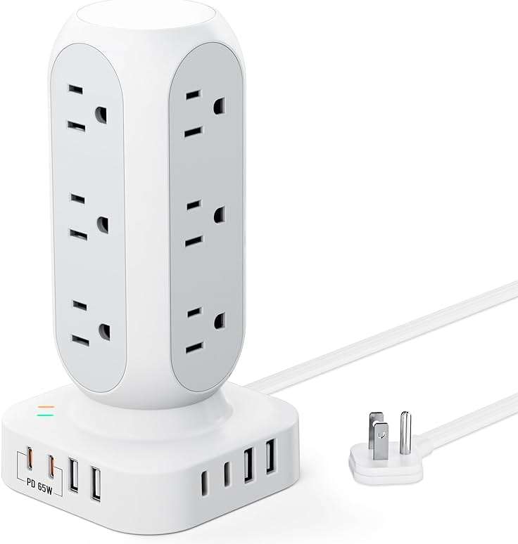 Flat Plug Power Strip Tower, TenTrend 65W Max Charging Tower with 12 AC Outlets & 8 USB Ports (4 USB C), 82W Total Fast Charging Station, 10FT Extension Cord for Desk Office Dorm Room - Image 1
