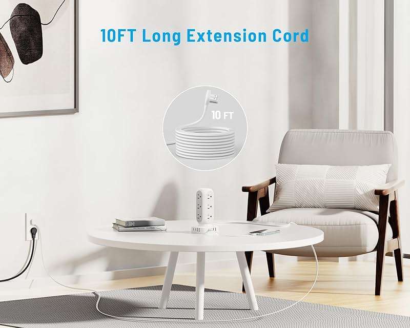 Flat Plug Power Strip Tower, TenTrend 65W Max Charging Tower with 12 AC Outlets & 8 USB Ports (4 USB C), 82W Total Fast Charging Station, 10FT Extension Cord for Desk Office Dorm Room - Image 5