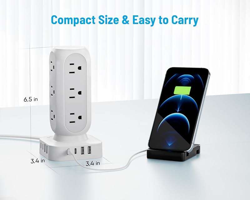 Flat Plug Power Strip Tower, TenTrend 65W Max Charging Tower with 12 AC Outlets & 8 USB Ports (4 USB C), 82W Total Fast Charging Station, 10FT Extension Cord for Desk Office Dorm Room - Image 6