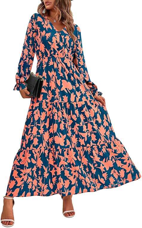 BTFBM Women Fall Dresses 2025 Casual Long Sleeve V Neck Maxi Dresses Floral Boho Long Dress Wedding Guest Dress - Image 1